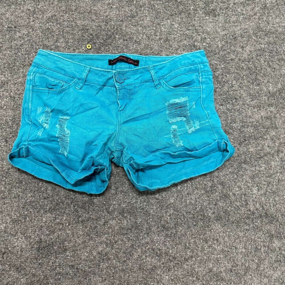 Material Girl Shorts Womens Size 3 Turquoise Blue Distressed Denim Cuffed Mini